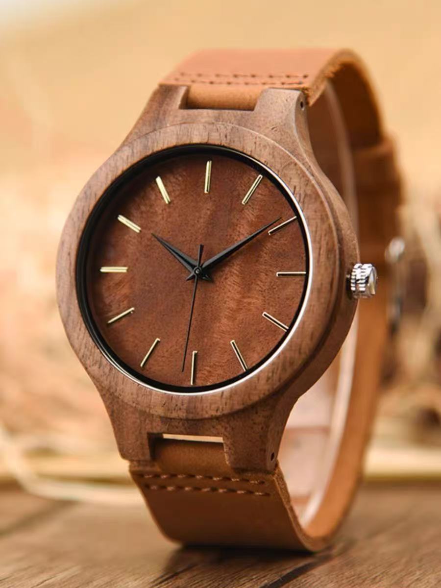 Light Luxury & Artistic Wooden Watch with Leather Strap — Trendy Quartz Movement Timepiece featuring Walnut Wood — An Ideal Gift for Students or for a Boyfriend– $259 USD