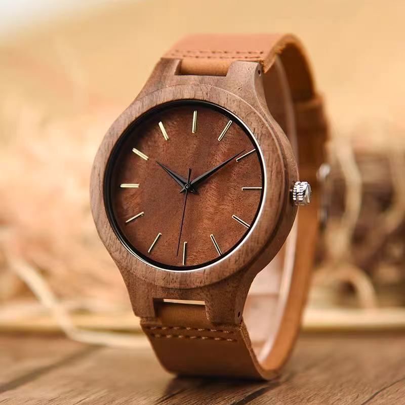Light Luxury & Artistic Wooden Watch with Leather Strap — Trendy Quartz Movement Timepiece featuring Walnut Wood — An Ideal Gift for Students or for a Boyfriend– $259 USD