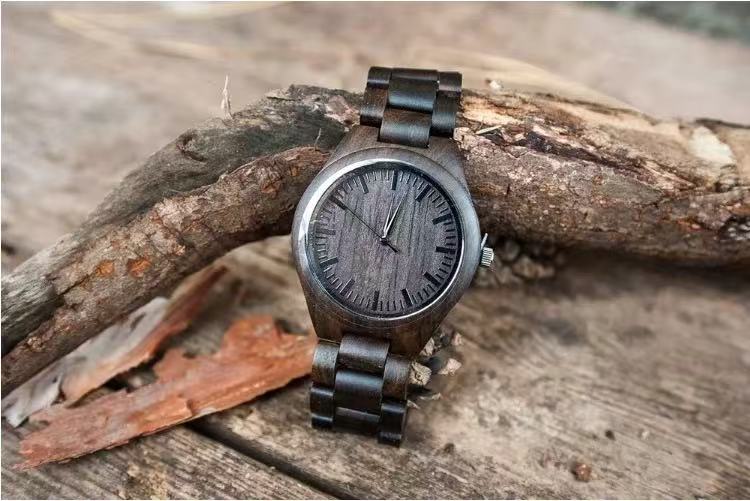 Ebony Wood Watch — Artistic-Style Student Watch with Custom Engravable Back Cover — Solid Wood, Quartz, Luminous — Unisex Wooden Watch— $229 USD