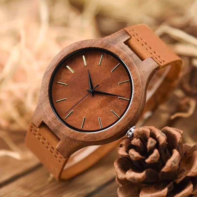 Light Luxury & Artistic Wooden Watch with Leather Strap — Trendy Quartz Movement Timepiece featuring Walnut Wood — An Ideal Gift for Students or for a Boyfriend– $259 USD