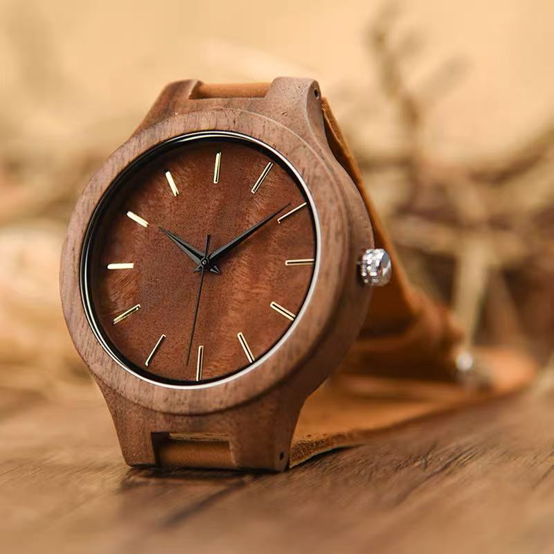Light Luxury & Artistic Wooden Watch with Leather Strap — Trendy Quartz Movement Timepiece featuring Walnut Wood — An Ideal Gift for Students or for a Boyfriend– $259 USD